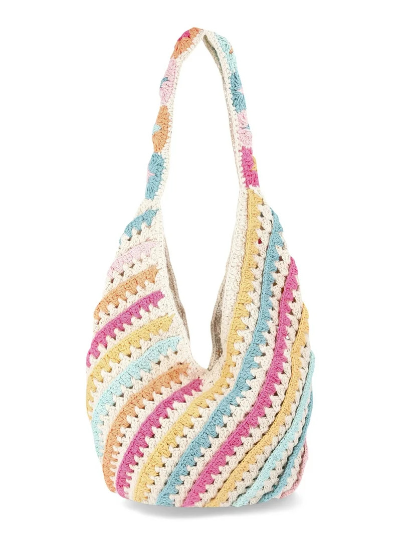 No Boundaries Festival Crochet Hobo Bag, Natural Stripe, Women's | Walmart (US)