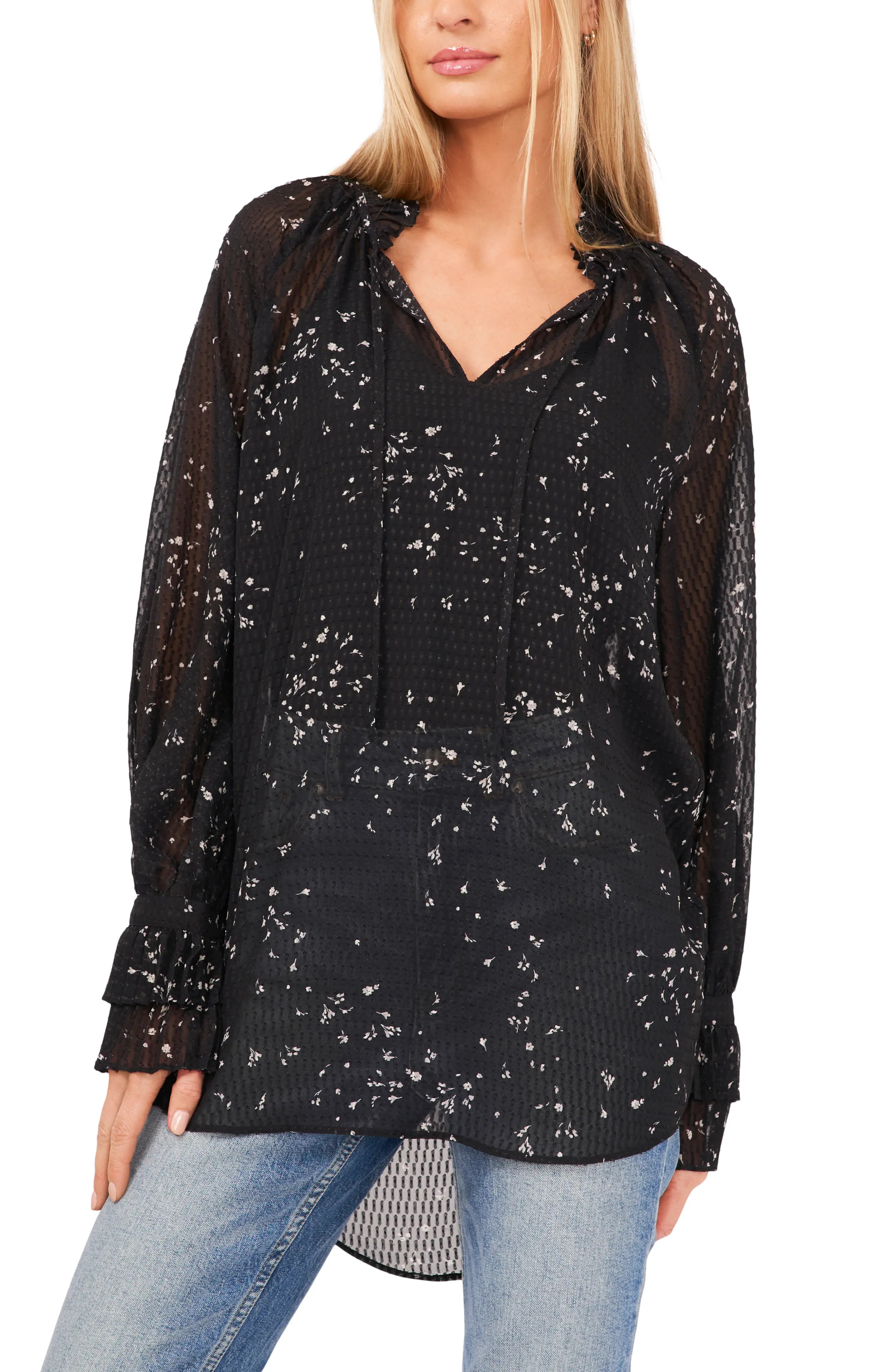 Vince Camuto Ruffle Cuff Tunic Top in Rich Black at Nordstrom, Size Xx-Small | Nordstrom