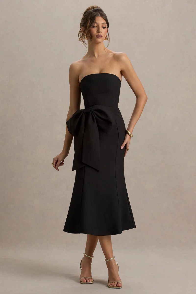 To Me  Black Bandeau Midi Dress With Oversized Bow | Club L London