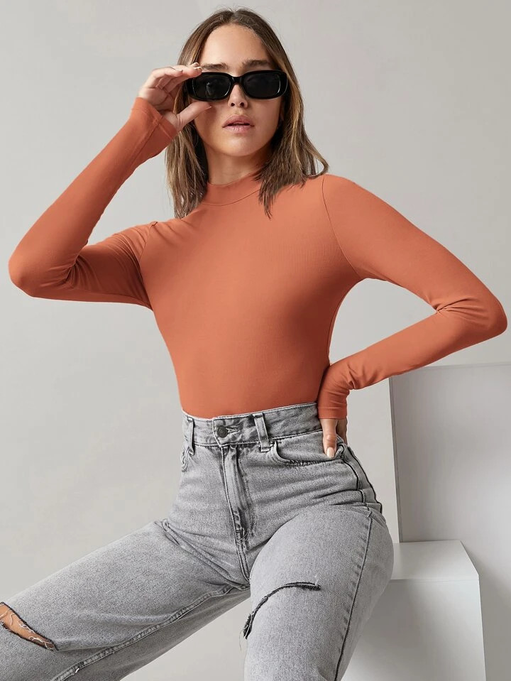 SHEIN BASICS Mock Neck Solid Crop Tee | SHEIN