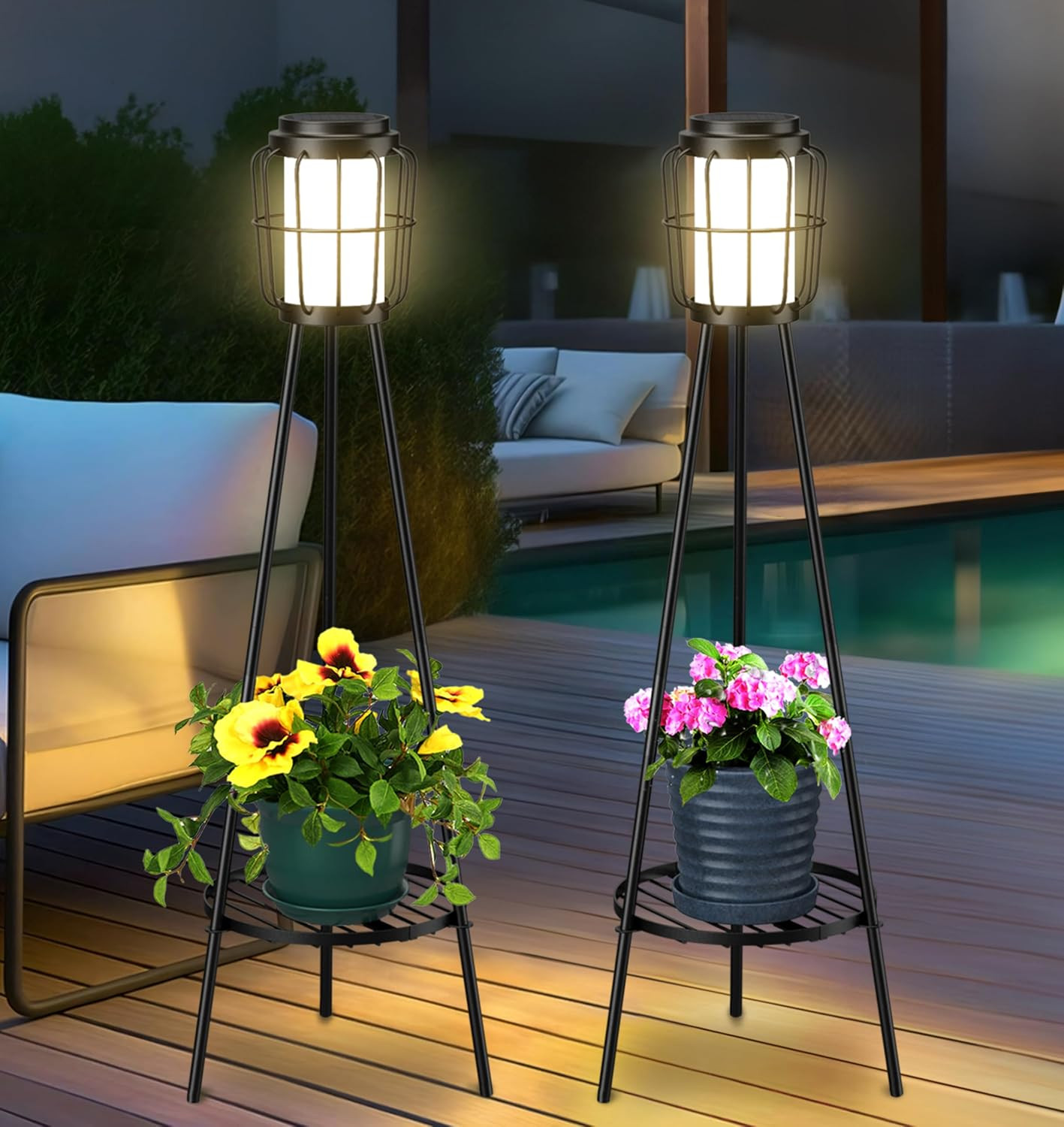 2 Pack Solar Lights with Plant Stand, Outdoor Floor Lamps, Waterproof Solar Powered Floor Lamps for Patio Deck Porch Yard Garden Decor | Amazon (US)