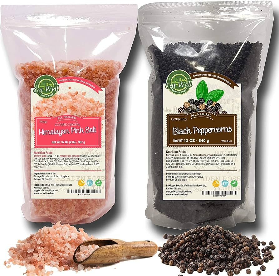 Eat Well Whole Black Peppercorns 12 oz and Coarse Crystal Himalayan Salt 2 lb, Salt and Pepper Co... | Amazon (US)