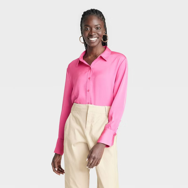 Women's Long Sleeve Oversized Satin Button-Down Shirt - A New Day™ | Target