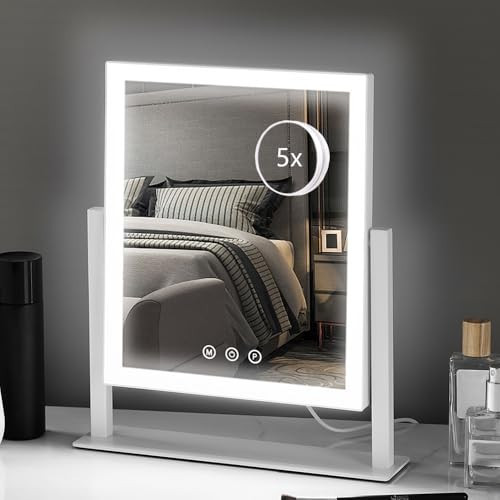 HIEEY Lighted Makeup Mirror, 14.1" x 12.1" Hollywood Vanity Mirror with Lights, Three Color Lighting Modes, and 5X Magnification Mirror, Smart Touch Control, 360°Rotation (White,Gift Box) | Amazon (US)