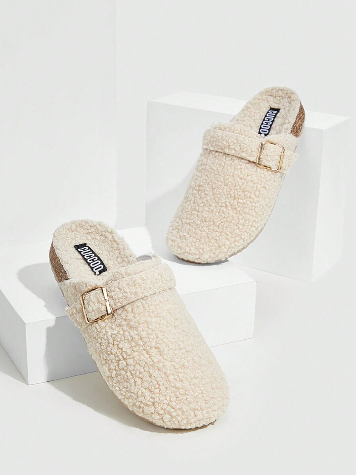 CUCCOO EASI Women's Round Flat Apricot Toe Slip On Fluffy Slippers With Buckle Decor, Suitable Fo... | SHEIN