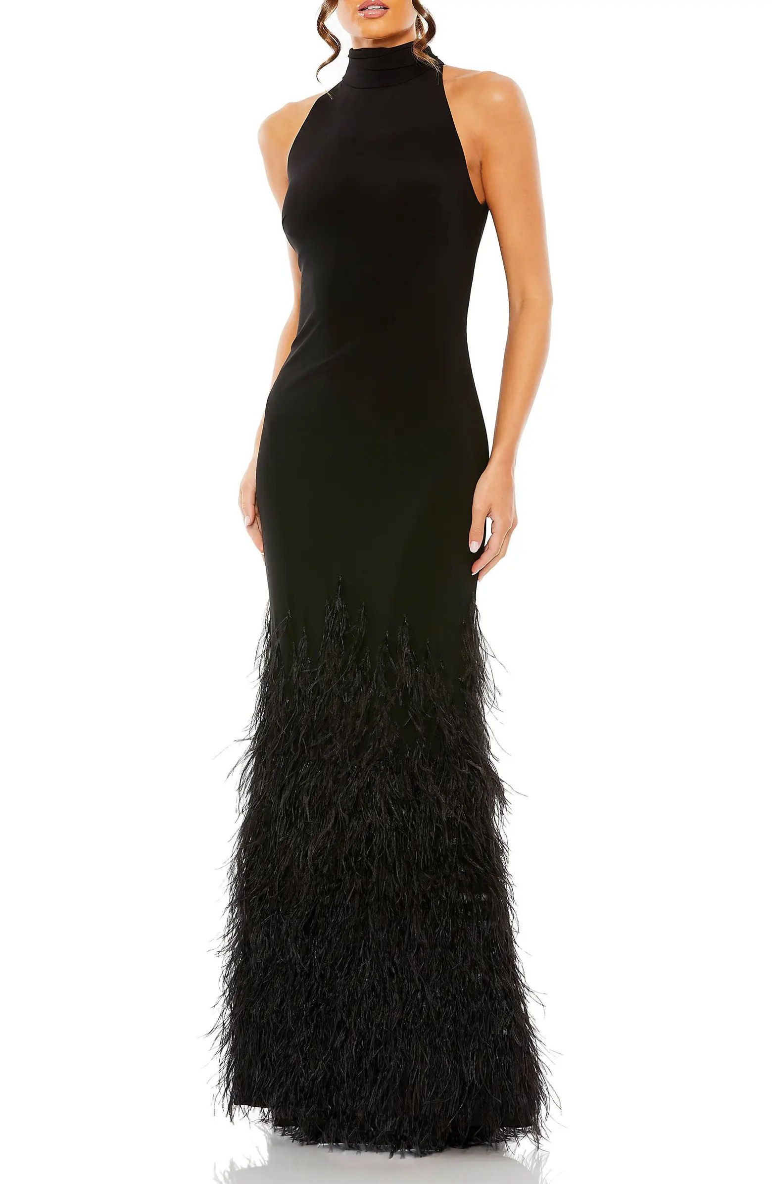Mac Duggal Feather Tiered Detail Jersey Halter Gown | Nordstrom | Nordstrom