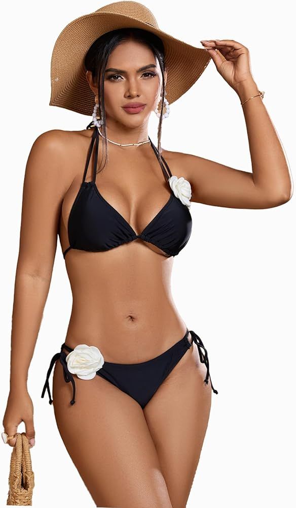 BEAUDRM Women's 2 Piece Bikini Set 3D Rose Halter Bikini Tie Side High Cut Triangle Swimsuit Bath... | Amazon (US)