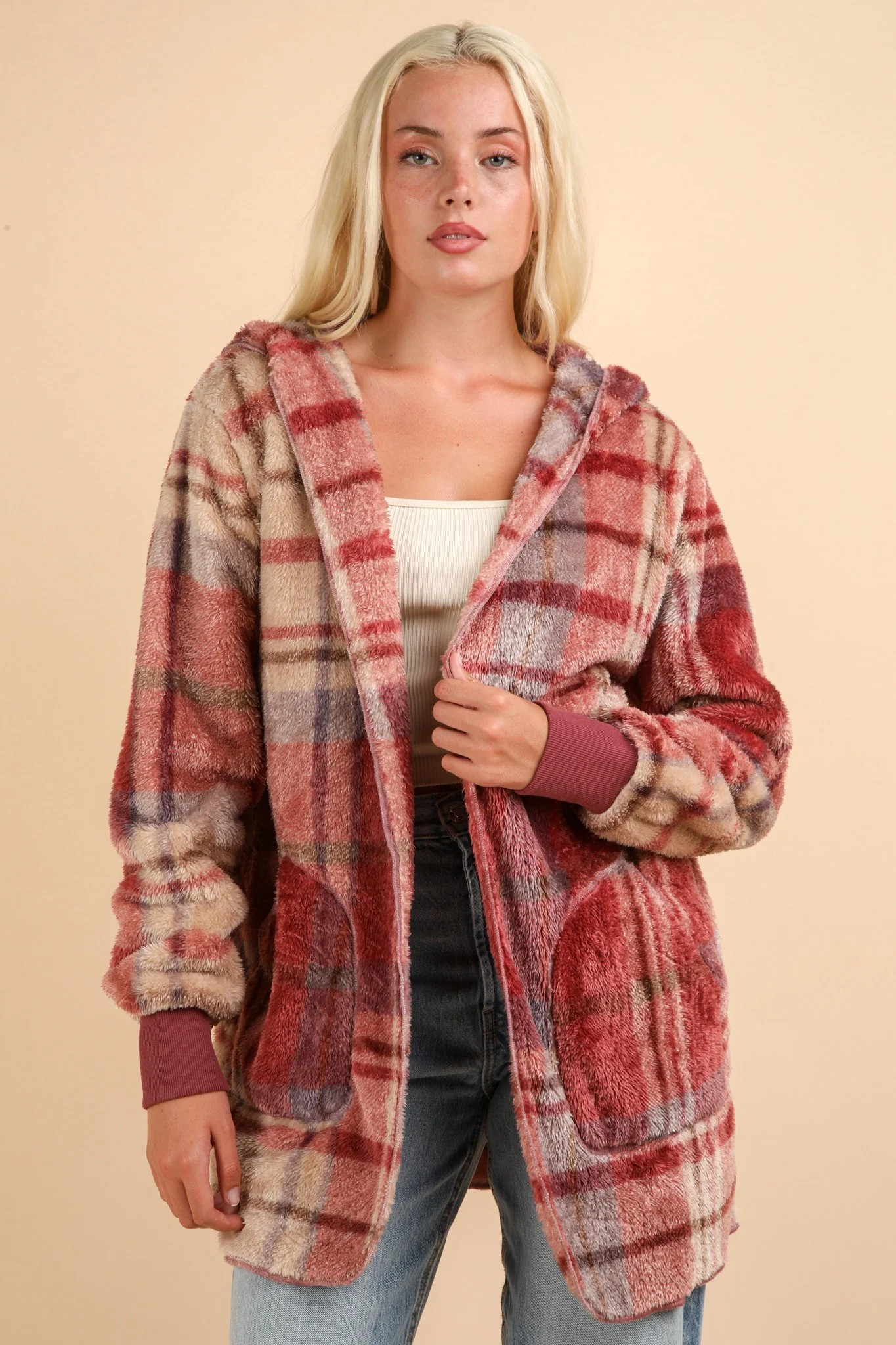 Fuzzy Plaid Long Sleeve Hooded Jacket S | Casual Chic Boutique