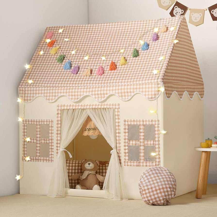 Kids Play Tent Indoor: with Brown Checkered, Mat, Rainbow Tissue Garland, Star Lights - Toddler G... | Amazon (US)