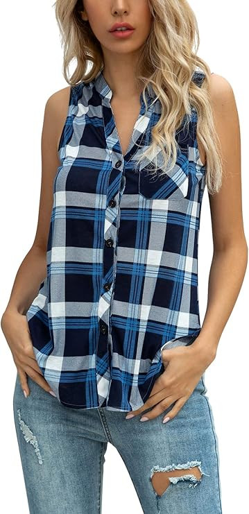 Women's Sleeveless Button Down V Neck Casual Plaid Shirts Tank Tops Blouse | Amazon (US)