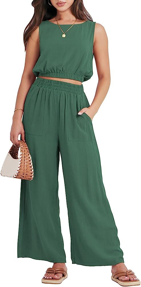 ANRABESS Women’s Summer 2 Piece Outfits Sleeveless Round Neck Crop Top Tank and High Waisted Pa... | Amazon (US)