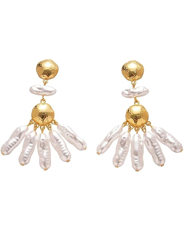 Gold Plated Statement Baroque Pearl Tassel Drop Earrings, Irregular White Dangle Earrings for Wom... | Amazon (US)