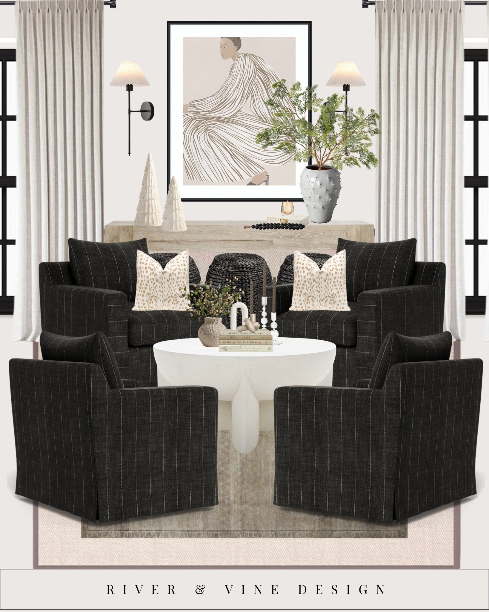 If your living room feels tricky to layout, try a four-chair conversation setup — it’s one of the easiest ways to make a space feel elevated and functional.

Why this layout works so well:

Perfect symmetry → instantly looks designer

Better flow than a bulky sectional

More usable seating for hosting

A round coffee table keeps everything balanced

Tall console styling behind adds height + dimension

And the secret?
Patterns like subtle pinstripes add visual interest without stealing the show.

Everything in this moodboard is linked so you can recreate the look or pull just a few pieces into your own space.

Tap to shop!