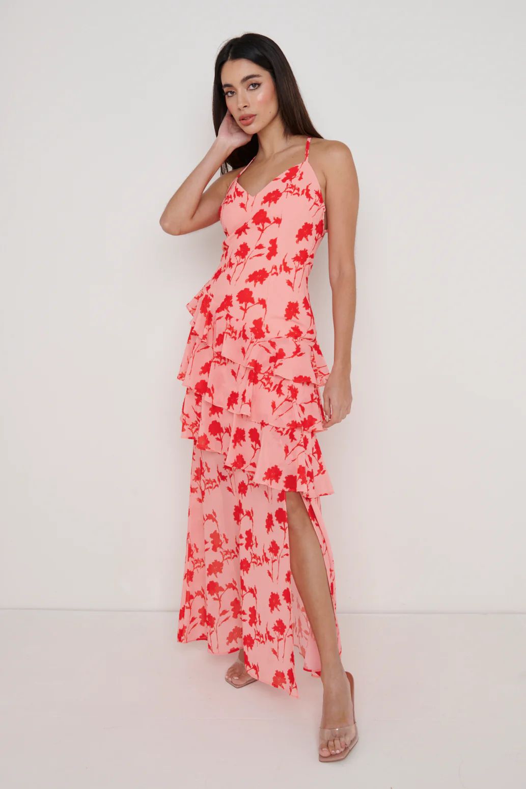 Hettie Asymmetric Ruffle Maxi Dress - Pink and Red Floral | Pretty Lavish (UK)