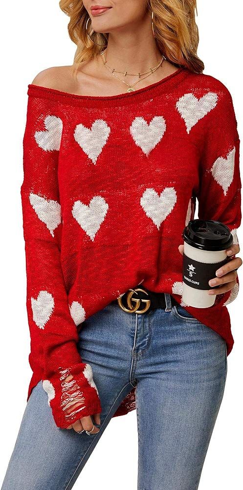 Women Off Shoulder Knitted Pullovers Sweater Loose Long Sleeve Hearts Printed Ripped Tops | Amazon (US)