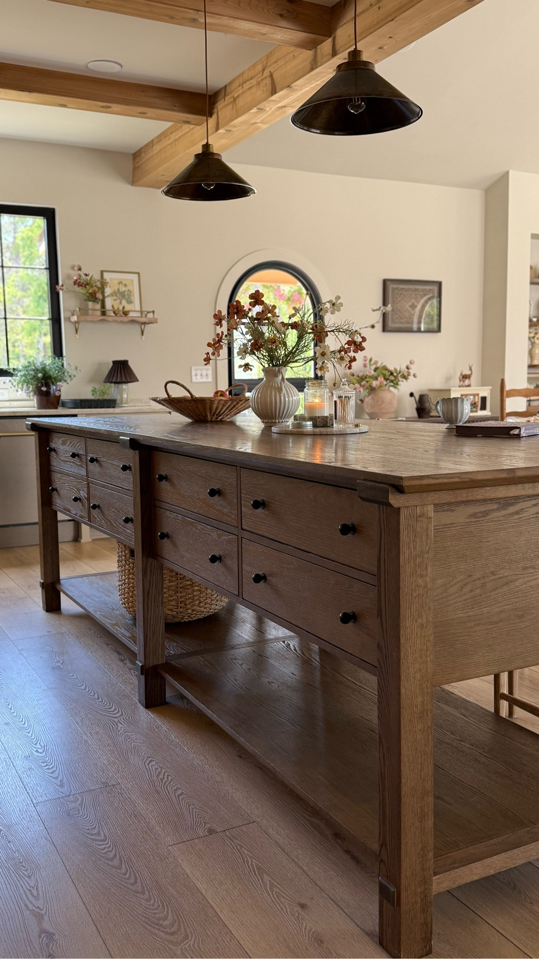 Large oak kitchen island, farmhouse kitchen island, wood kitchen island, rustic kitchen island, freestanding island, furniture style island, farmhouse kitchen decor, European farmhouse kitchen, English country kitchen, vintage inspired furniture, kitchen storage solutions, neutral kitchen design, cozy kitchen, homestead kitchen, classic kitchen style, timeless home decor