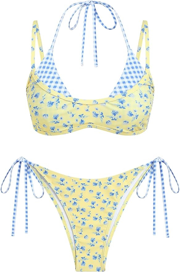 ZAFUL Women's Polka Dot Bikini Set Double Layer Halter Swimsuit Colorblock Side Tie 2 Piece Bathi... | Amazon (US)