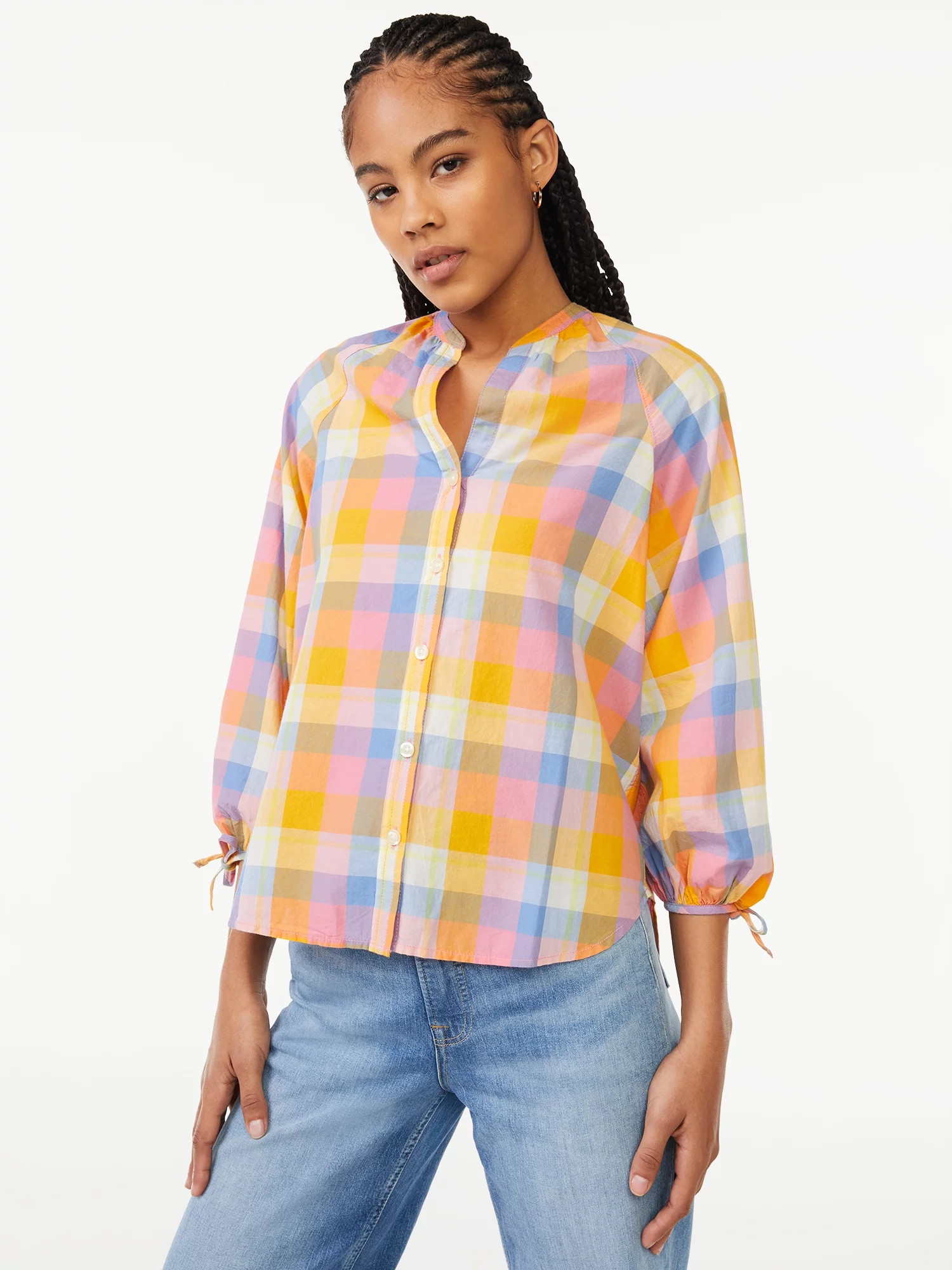 Free Assembly Women's Button Down Top with 3/4-Length Tie Sleeves | Walmart (US)