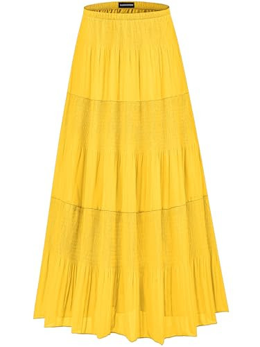 MJBGSHOW Womens Chiffon Long Skirt Elastic High Waist Floral Maxi Skirts Tiered Pleated A Line Boho Flowy Long Skirts Solid-Yellow M | Amazon (US)