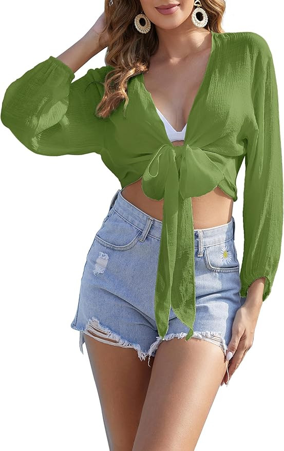 Women's Beach Cover Up Crop Top Tie Front V Neck Summer Long Sleeve Swimsuits | Amazon (US)