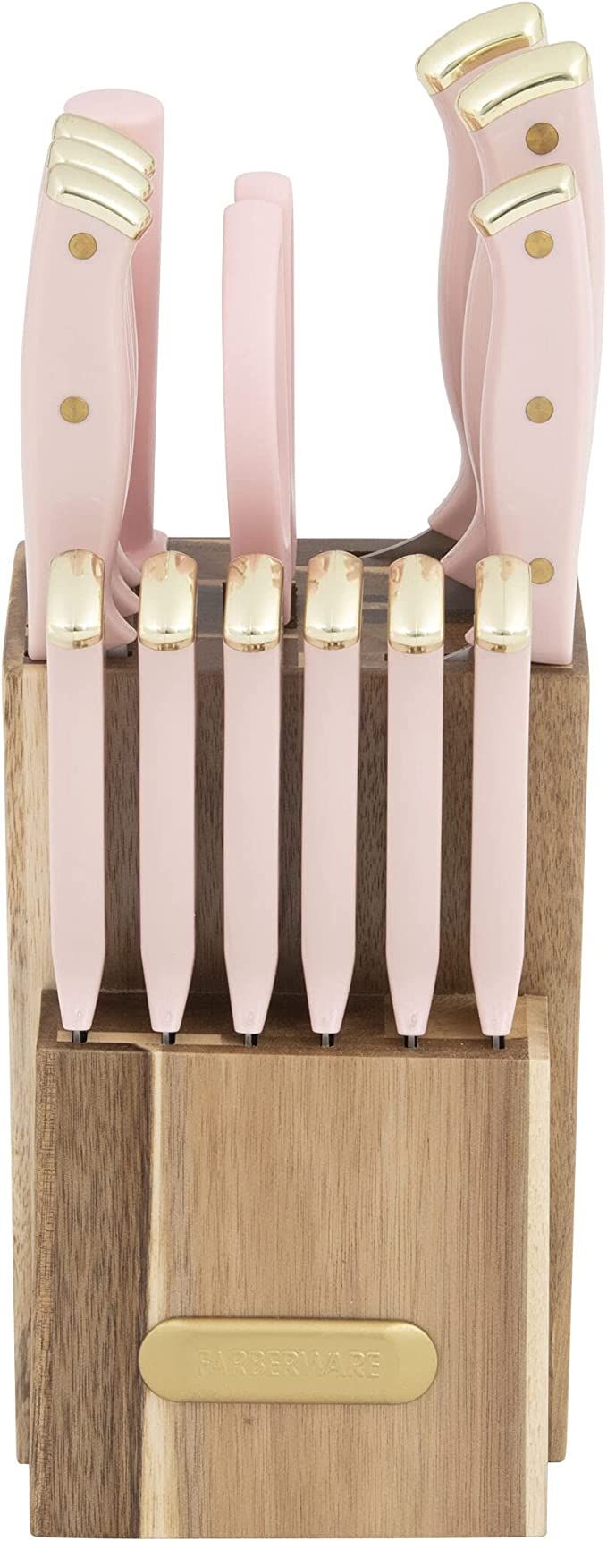 Farberware Triple Riveted Acacia Knife Block Set, 15-Piece, Blush and Gold | Amazon (US)