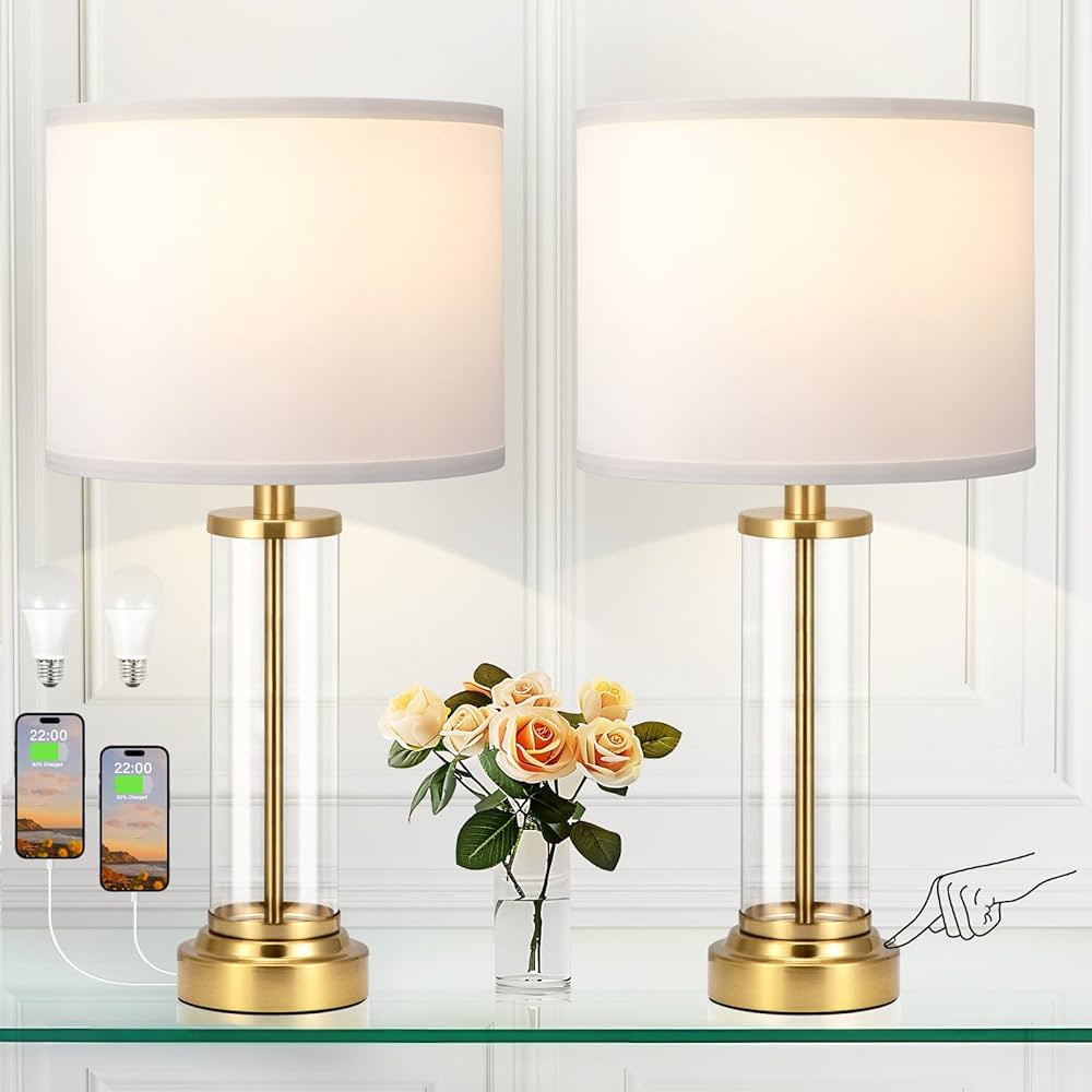 Gold Bedroom Lamps Set of 2 - Touch Bedside Lamp for Night Stands with USB C+A, 3 Way Dimmable Ni... | Amazon (US)