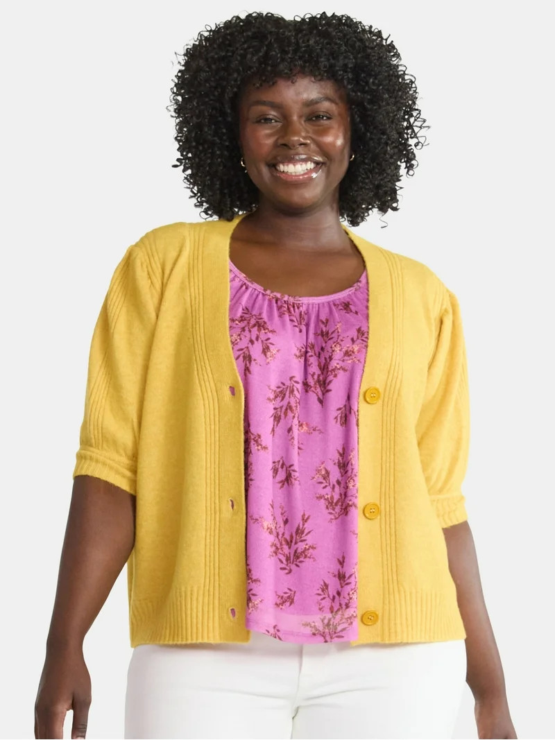 Terra & Sky Women's Plus Short Sleeve Button Front Cardigan, Sizes 0X-5X | Walmart (US)