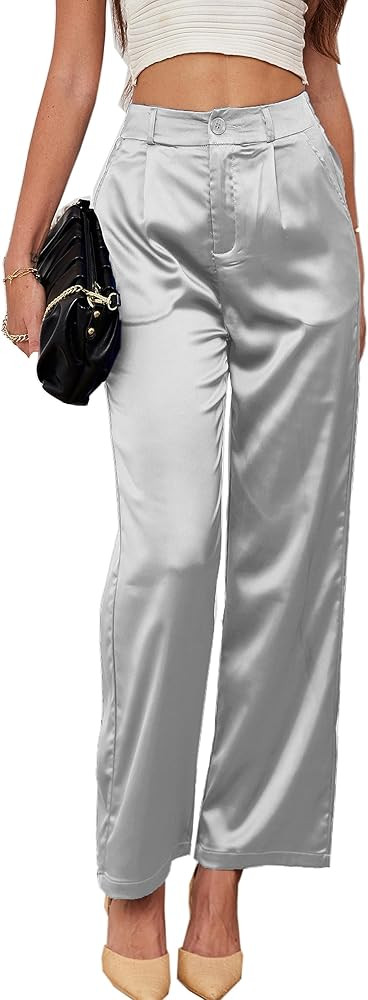 heipeiwa Women's Wide Leg Wedding Party Satin Casual Dress Nightout Pants Long Trouser | Amazon (US)