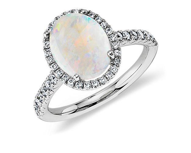 Opal and Diamond Halo Ring in 18k White Gold (10x8mm) | Blue Nile