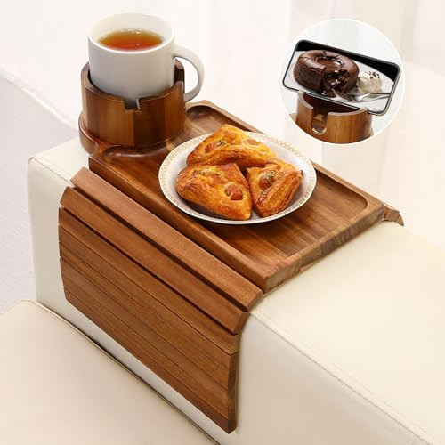 aisongdong Couch Cup Holder Tray,Acacia Wood Couch Arm Table with Phone Holder, Large Foldable Sofa Arm Tray for Drink Snacks Table | Amazon (US)