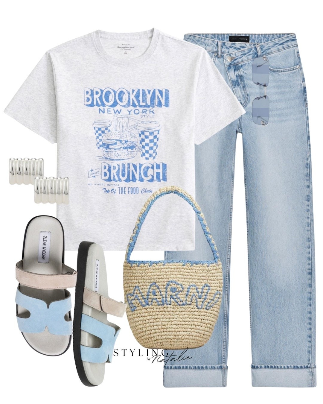 Everyday style- Graphic t-shirt, crossover waist jeans, Marni tote bag, blue sandals, silver earrings. Casual outfit, summer look, blue, zara.

#LTKuk #LTKstyletip #LTKsummer
