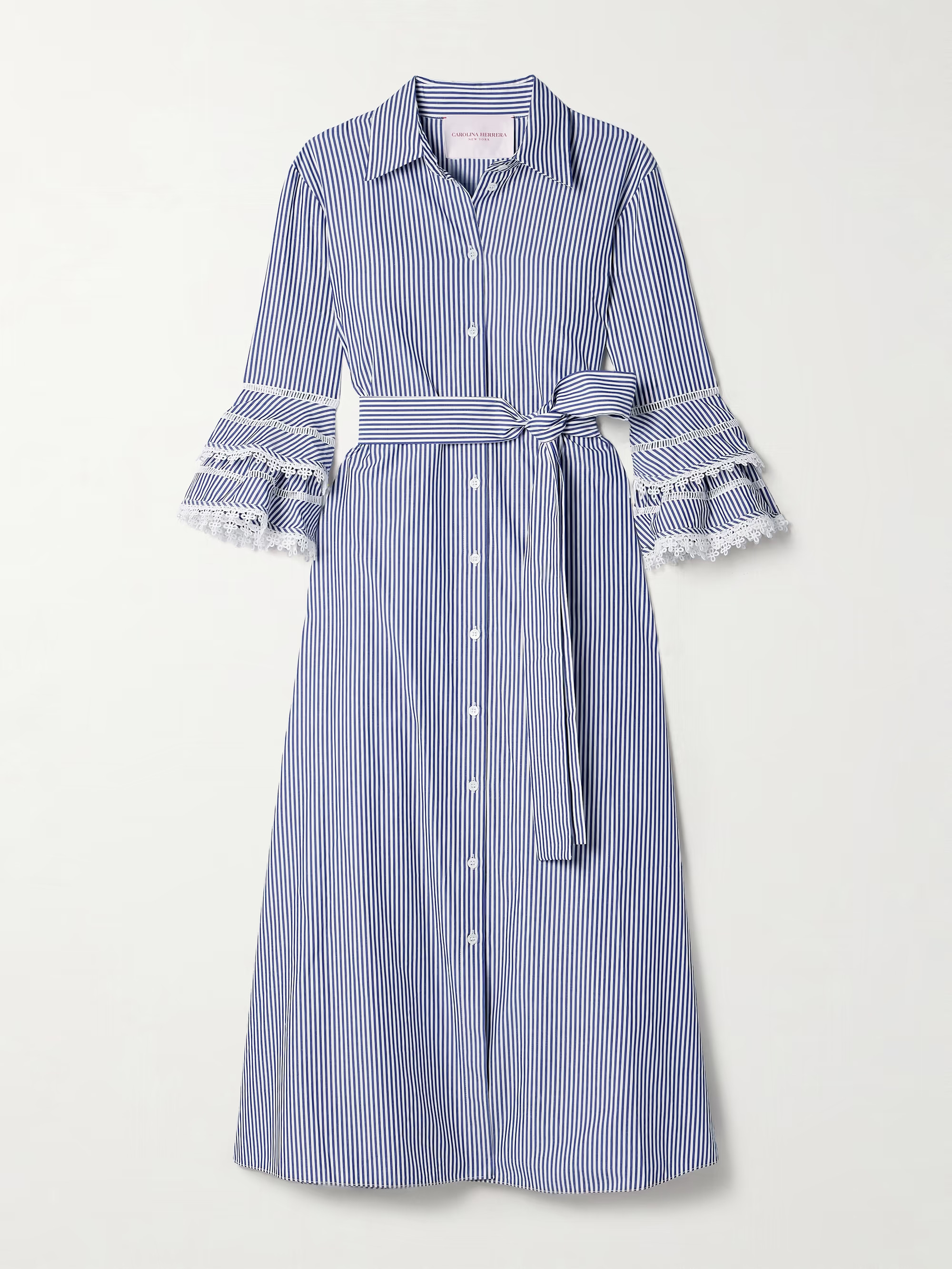 CAROLINA HERRERA Belted guipure lace-trimmed striped cotton-poplin midi shirt dress | NET-A-PORTER (UK & EU)