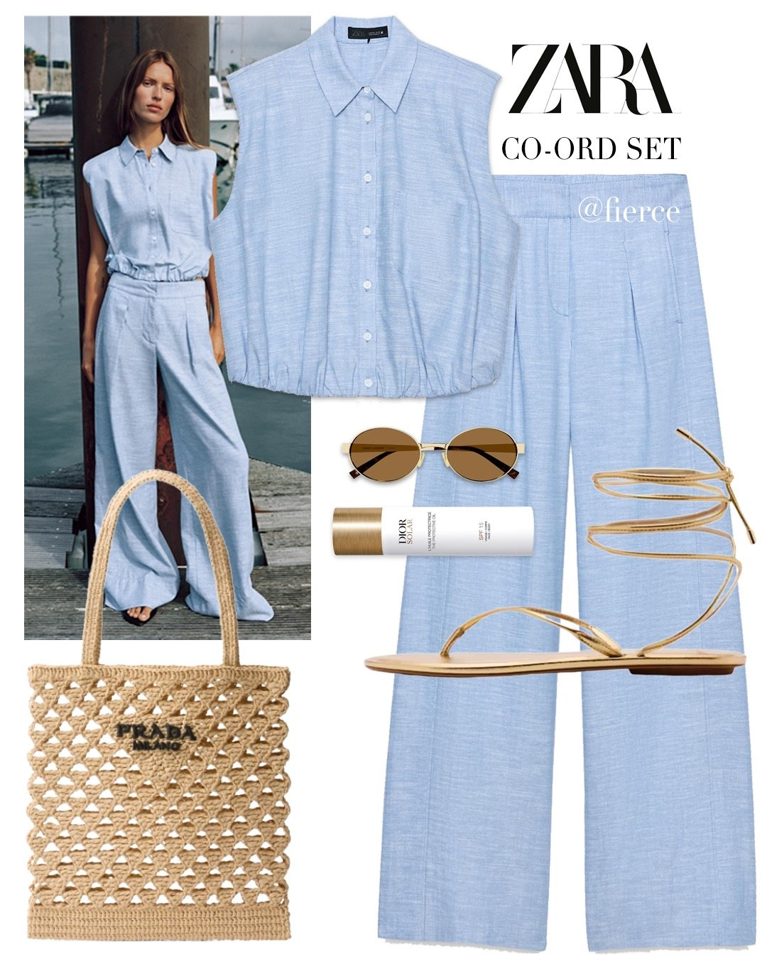 Blue linen co-ord pants matching set Prada knitted crochet tote bag gold tie up sandals vacation beach holiday euro summer outfit idea

#LTKuk #LTKsummer #LTKeurope