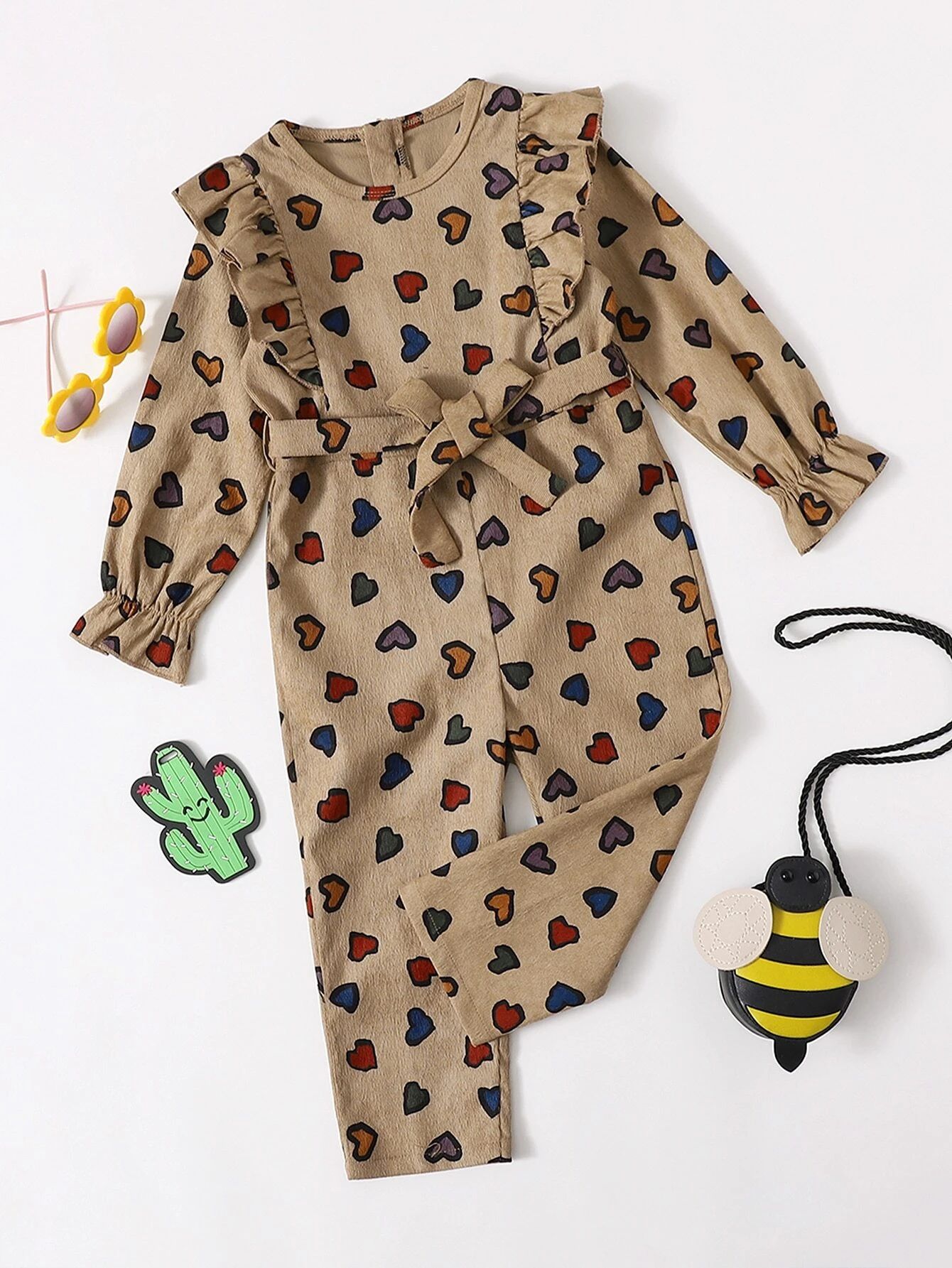 Toddler Girls Corduroy Heart Print Ruffle Belted Jumpsuit | SHEIN