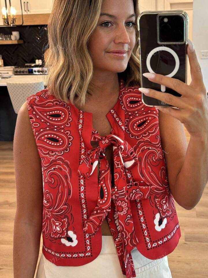 Women's Casual Paisley Print Tie Front Tank Top | SHEIN