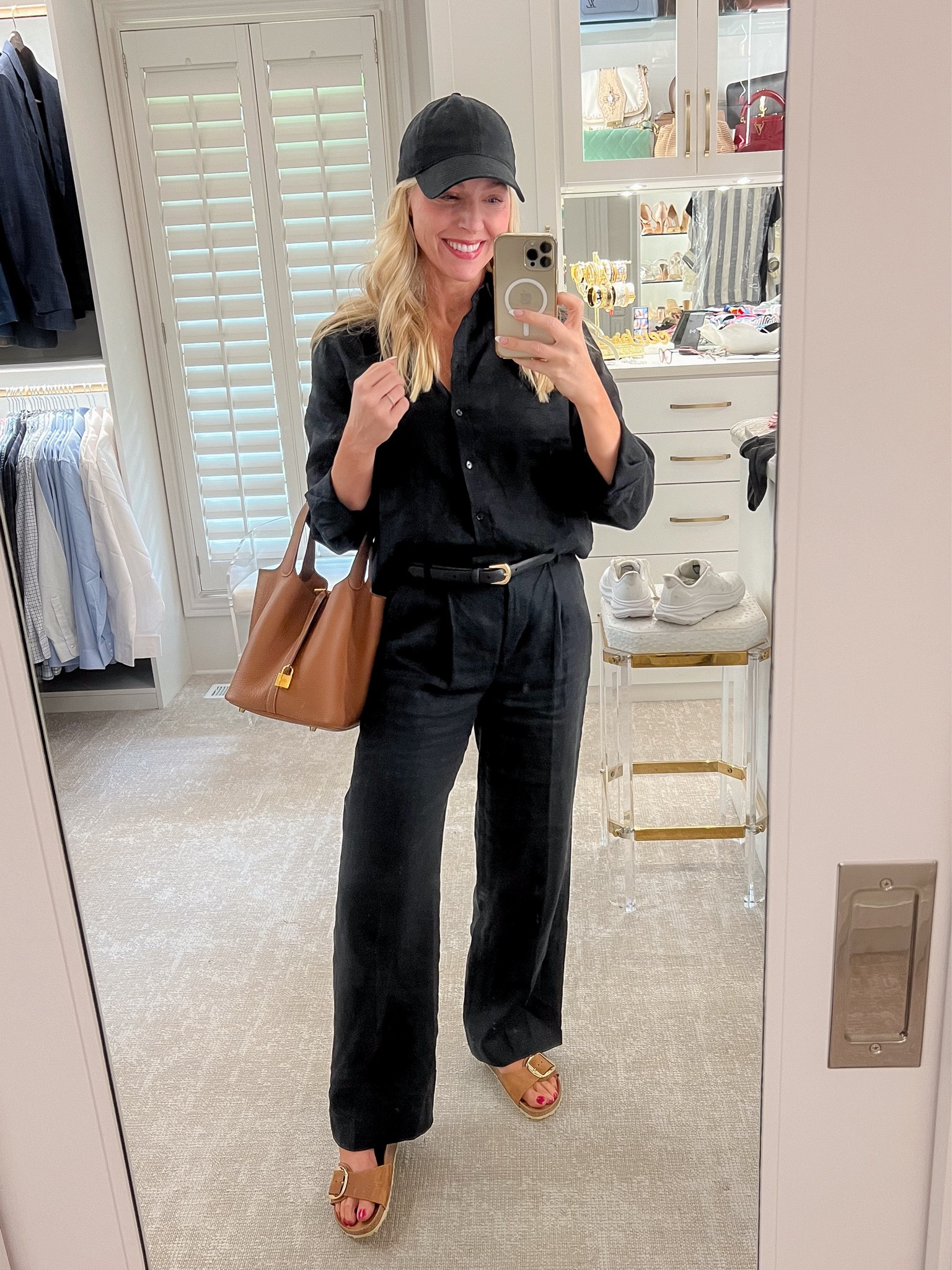 Weekend casual! Linen pants, linen button down (size down 1-2 sizes for pants, styled witj and affordable black baseball hat, brown leather Birkenstocks and a gold Hermes Picotin handbag. Also wearing a black mini belt!

#LTKitbag #LTKshoecrush #LTKover40