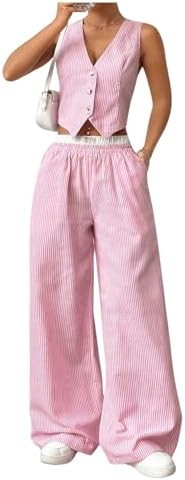 Milumia Women's 2 Pcs Outfits Striped V Neck Button Blazer Vest Pants Tracksuit | Amazon (US)