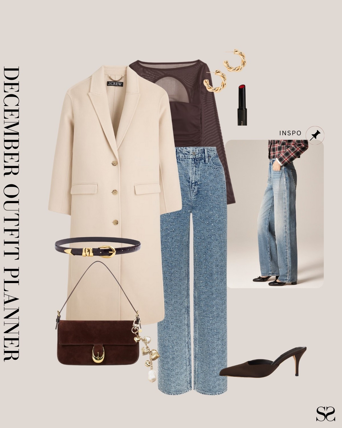 Monthly outfit planner DECEMBER: Winter outfits | embellished jeans, bodysuit, cream long coat, heeled mules, holiday outfit 

#classicstyle #LTKstyletip #winteroutfit 

Image inspo credit: J.Crew

#LTKSeasonal #LTKootd #LTKHoliday