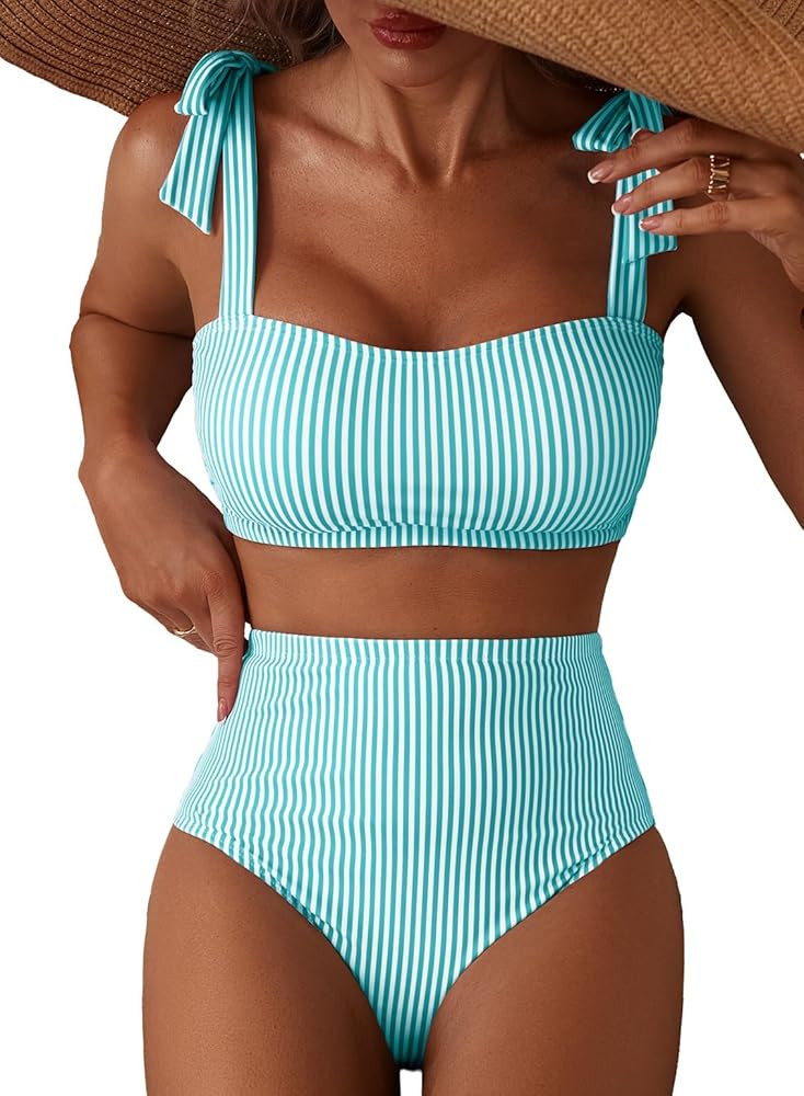 Herseas Women's Tie Shoulder Bikini Sets 2 Piece Striped Swimsuits High Waisted Bathing Suits | Amazon (US)