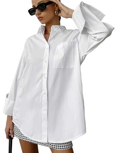 QIANZHIDU Women's Oversize Collar Button Down Long Sleeve Work Blouse Top White Large | Amazon (US)