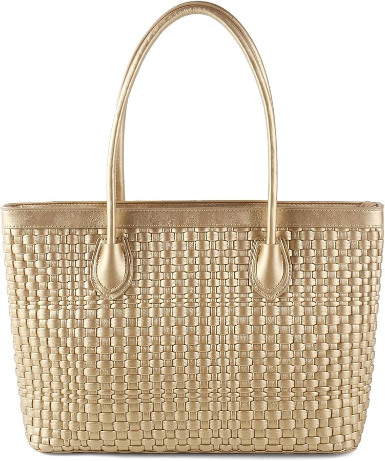 Woven Tote Bag For Women Hand Make Vegan Leather Shoulder Bag Handbag Zip Closure Beach Tote Trav... | Amazon (US)