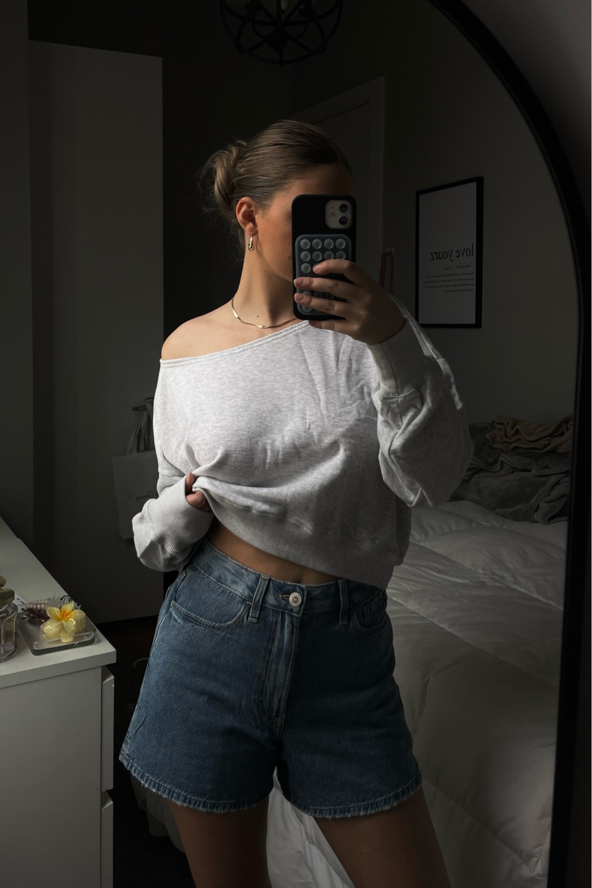 off the shoulder sweatshirt, sweatshirt, jean shorts, mom shorts 

#LTKfindsunder50 #LTKfindsunder100 #LTKstyletip