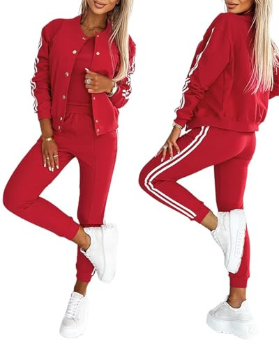 CHICME Women's Three Piece Outfits Striped Tape Patch Tank Tops Bomber Jacket with Sporty Pants Tracksuit Lounge Sets-r-L | Amazon (US)