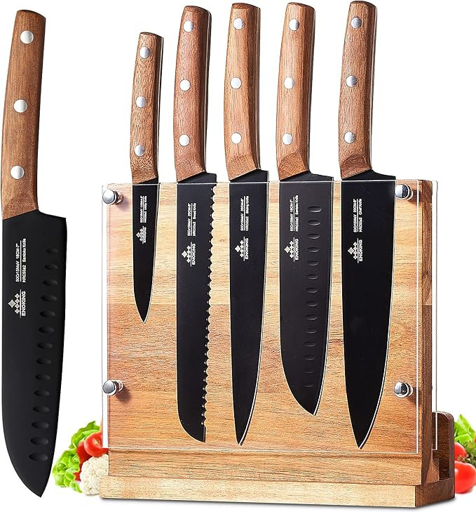 ENOKING 6PCS Knife Set with block, Magnetic Wood Knife Holder with Acrylic Shield, German High Ca... | Amazon (US)