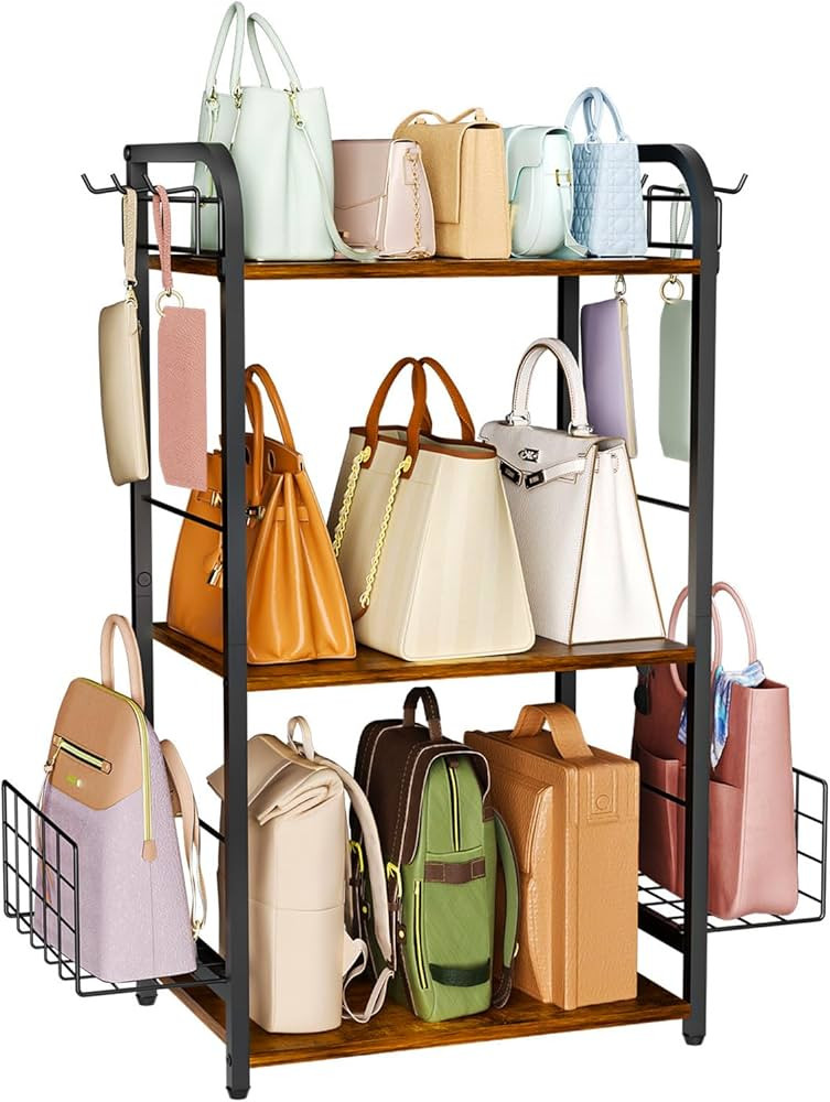 Purse Organizer with Side Hooks and Baskets for Purse Storage, Floor-Standing 3-Tier Purse Rack w... | Amazon (US)