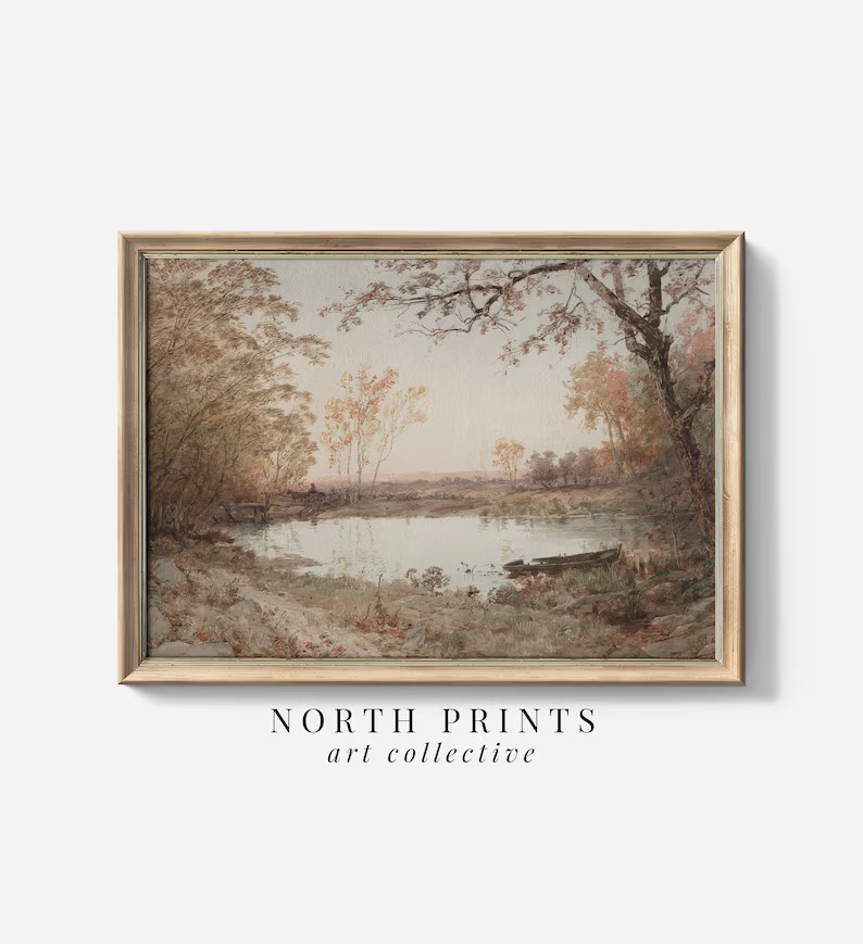 Muted Autumn Pond Landscape Painting Vintage Wall Art Neutral PRINTABLE Digital Download North Pr... | Etsy (US)