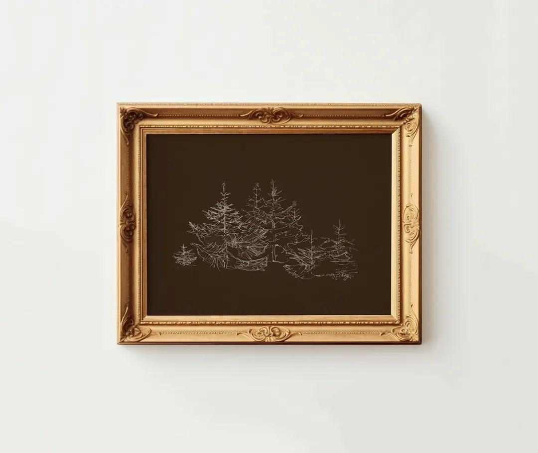 Vintage Christmas Tree Sketch Downloadable Art | Cottage Core Decor Moody Pine Tree Wall Art | Ne... | Etsy (US)