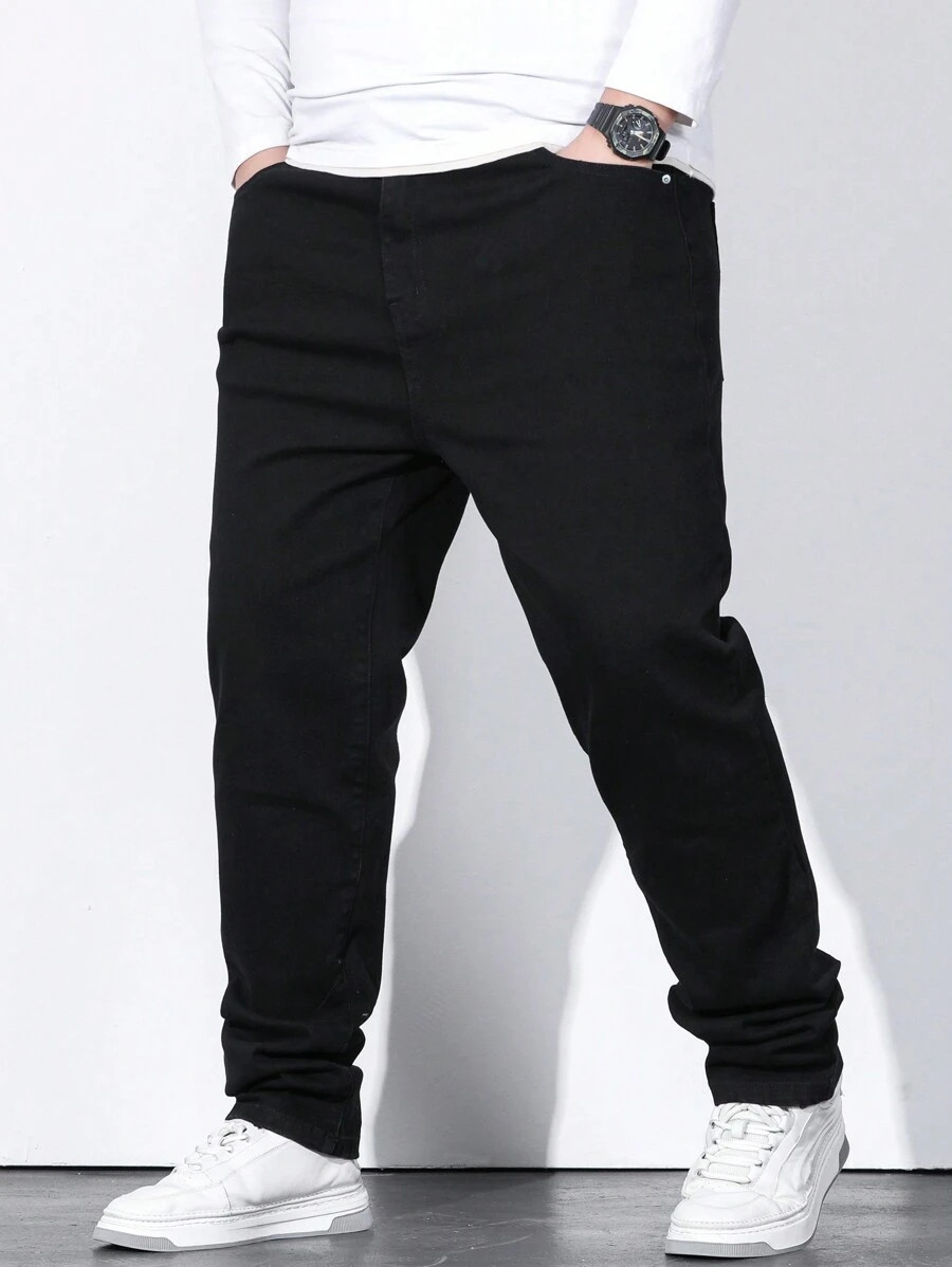 Manfinity Homme Men Plus Solid Slant Pocket Jeans Straight Leg Long Washed Dark Jean Cargo Plain ... | SHEIN