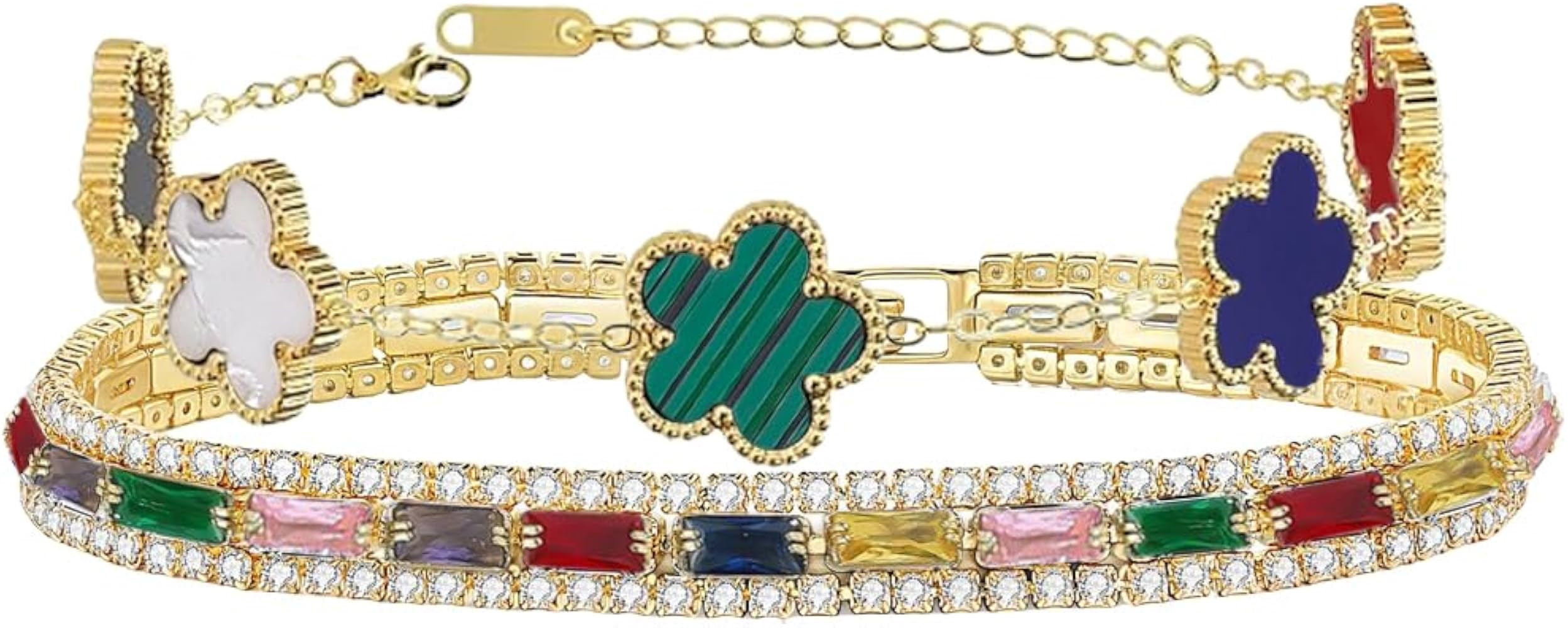 2Pcs Womens Stacked Bracelet Set Multicolored CZ Tennis and Flower Bracelet | Amazon (US)