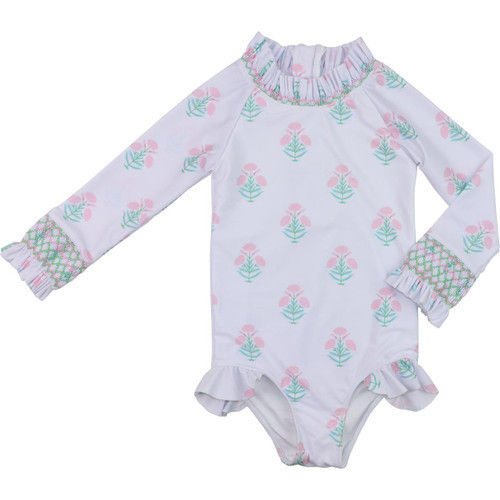 Pink And Green Flower Print Smocked Lycra Rashguard Swimsuit | Cecil and Lou